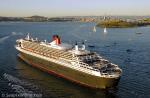 ID 3729 QUEEN MARY 2 (2003/148528grt/IMO 9241061) rounding North Head at the entrance to Aucklands' Waitemata Harbour, as she arrives to a tumultuous welcome during her maiden round the world cruise.